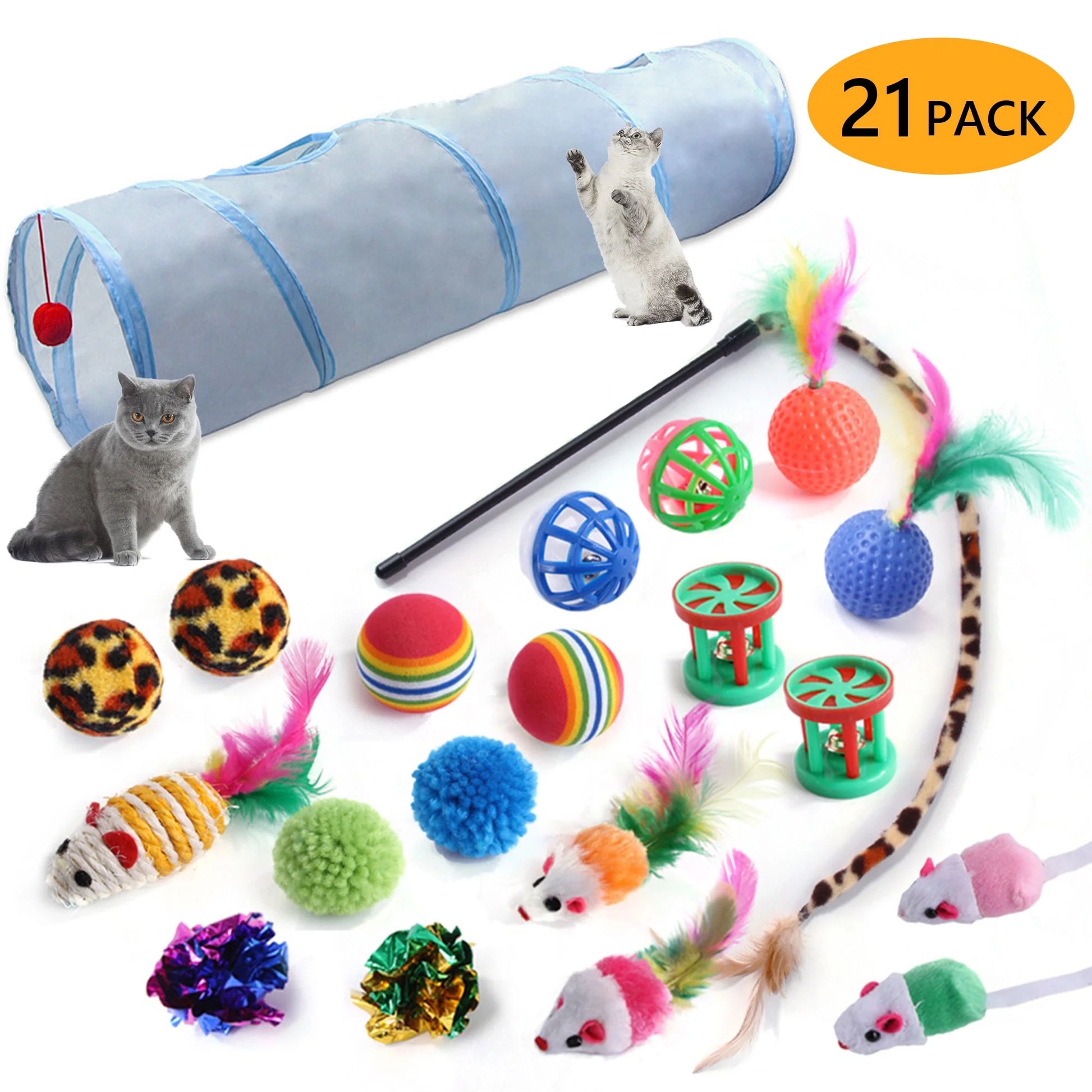 21PCS Cat Toys Kitten Toys Combination Tunnel Interactive Grayish Blue 2 Way Cat Toys Cat Tunnel Tease Cat Stick Colorful Mouse Plush Ball Bell Ball for Cats