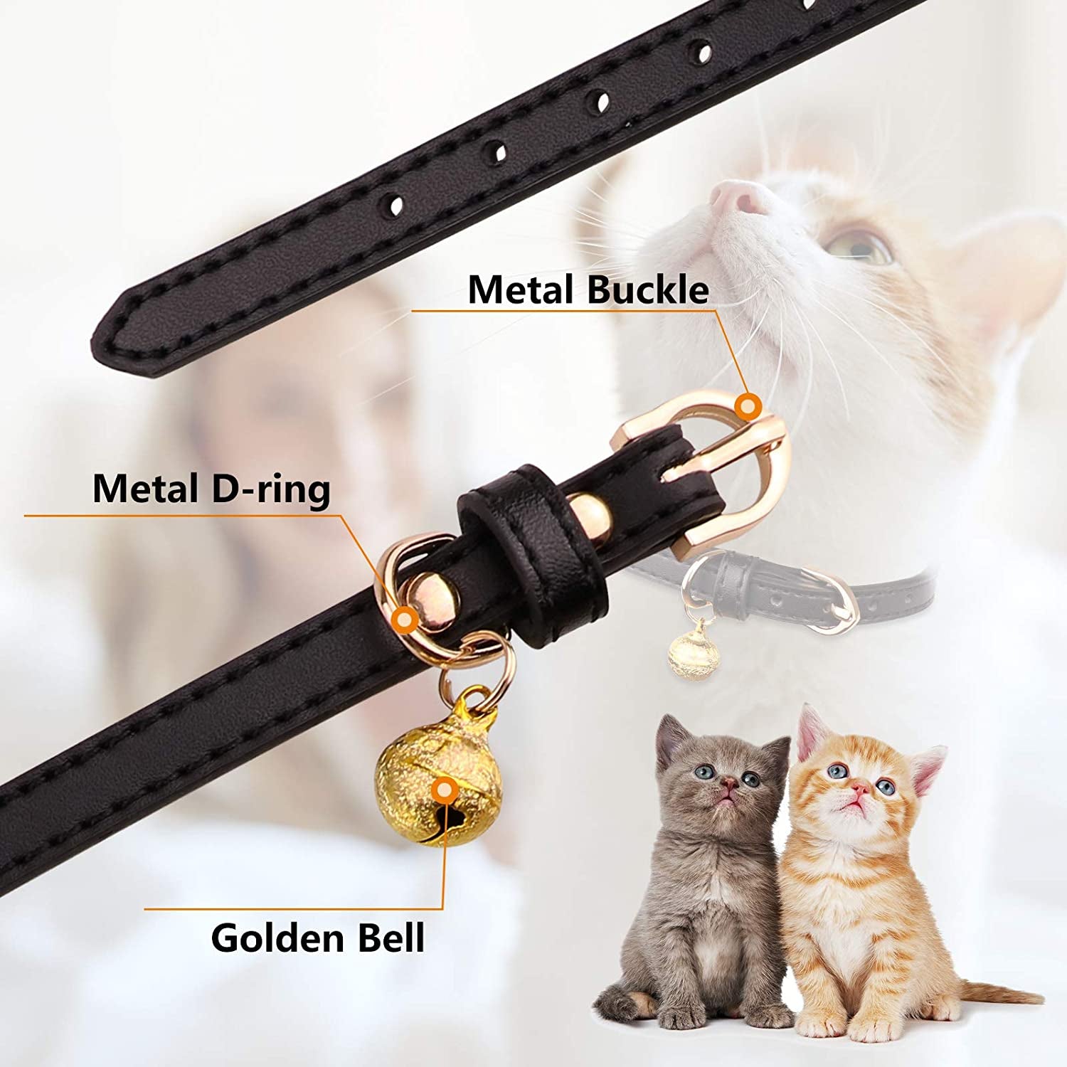 3 Pack Leather Cat Collars with Bells Soft Pet Safety Collar Kitten Collars with Bell Black Chocolate Beige(Xs)