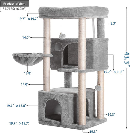 Cat Tree,Multi-Level Cat Condo for Large Cat Tower Furniture with Sisal-Covered Scratching Posts, 2 Plush Condos, Big Plush Perches