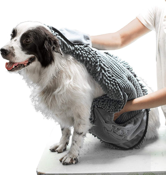 Quick Dry Towel for Dogs | Ultra Absorbent Microfiber Shammy | Extra Large 35X15 Size for All Breeds | Comfortable Hand Pockets | Indoor Outdoor Use | Durable Material | Machine Washable