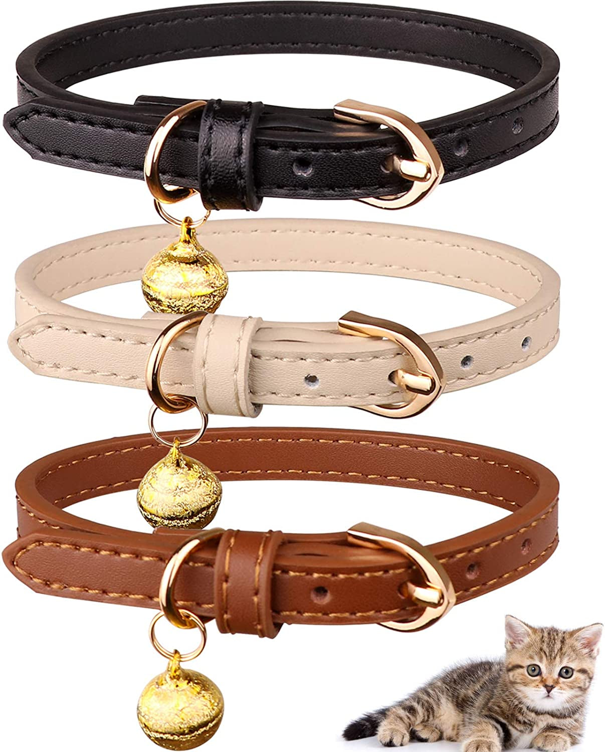 3 Pack Leather Cat Collars with Bells Soft Pet Safety Collar Kitten Collars with Bell Black Chocolate Beige(Xs)