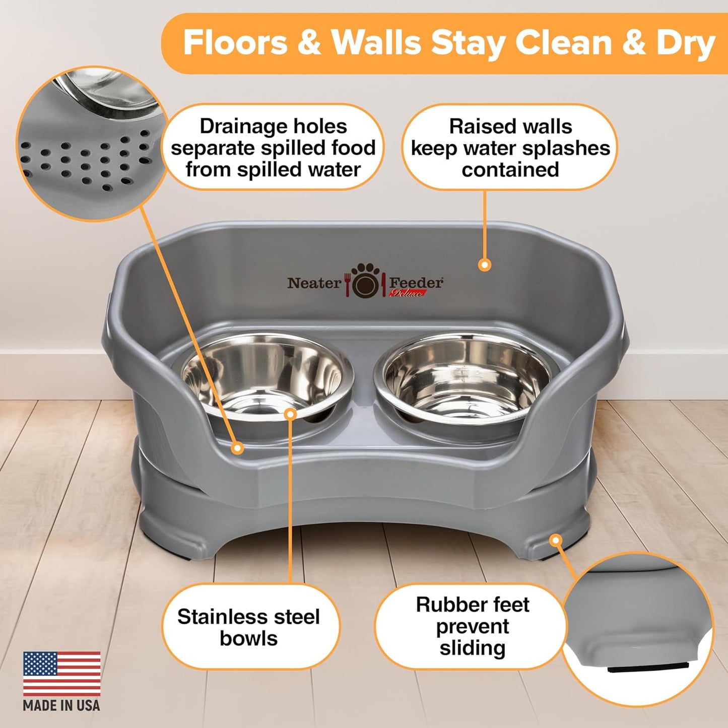 Neater Feeder - Deluxe Model - Mess-Proof Dog Bowls (Small, Gunmetal Grey) - Made in USA - Elevated, No Spill, Non-Tip, Non-Slip, Raised Stainless Steel Food & Water Pet Bowls