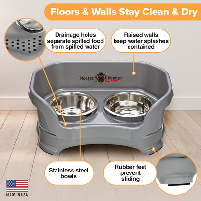 Neater Feeder - Deluxe Model - Mess-Proof Dog Bowls (Small, Gunmetal Grey) - Made in USA - Elevated, No Spill, Non-Tip, Non-Slip, Raised Stainless Steel Food & Water Pet Bowls