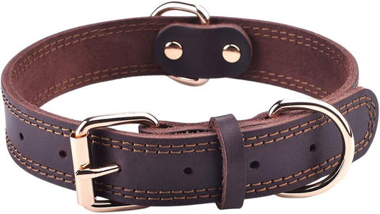 Leather Dog Collar Genuine Leather Alloy Hardware Double D-Ring 3 Best for Medium Large and Extra Large Dogs