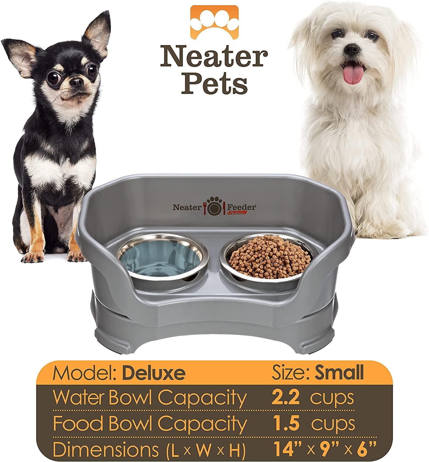 Neater Feeder - Deluxe Model - Mess-Proof Dog Bowls (Small, Gunmetal Grey) - Made in USA - Elevated, No Spill, Non-Tip, Non-Slip, Raised Stainless Steel Food & Water Pet Bowls