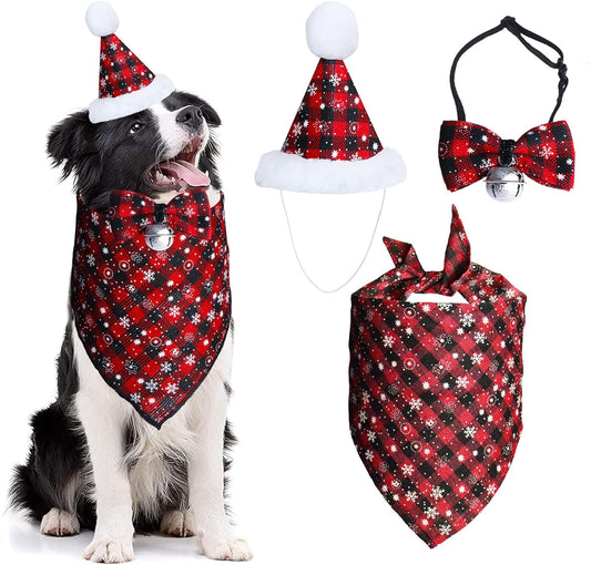 Christmas Snowflake Dog Bandana Costume, Christmas Classic Plaid Snowflake Dog Bandana Scarf Hat Bow Tie with Bell Costume Decoration for Dogs Pets