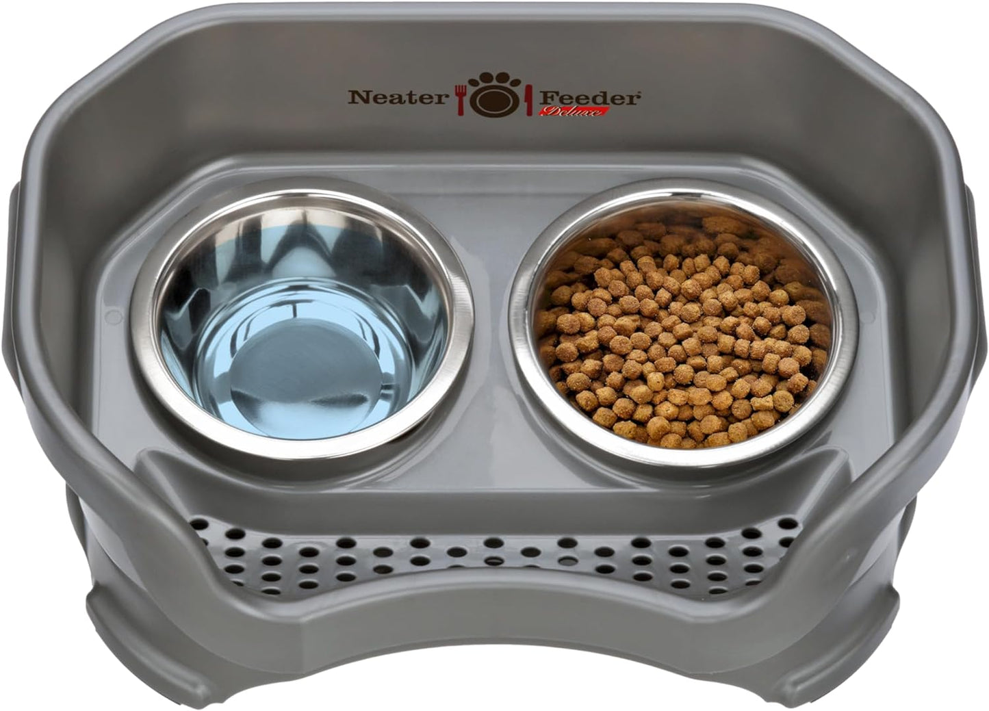 Neater Feeder - Deluxe Model - Mess-Proof Dog Bowls (Small, Gunmetal Grey) - Made in USA - Elevated, No Spill, Non-Tip, Non-Slip, Raised Stainless Steel Food & Water Pet Bowls