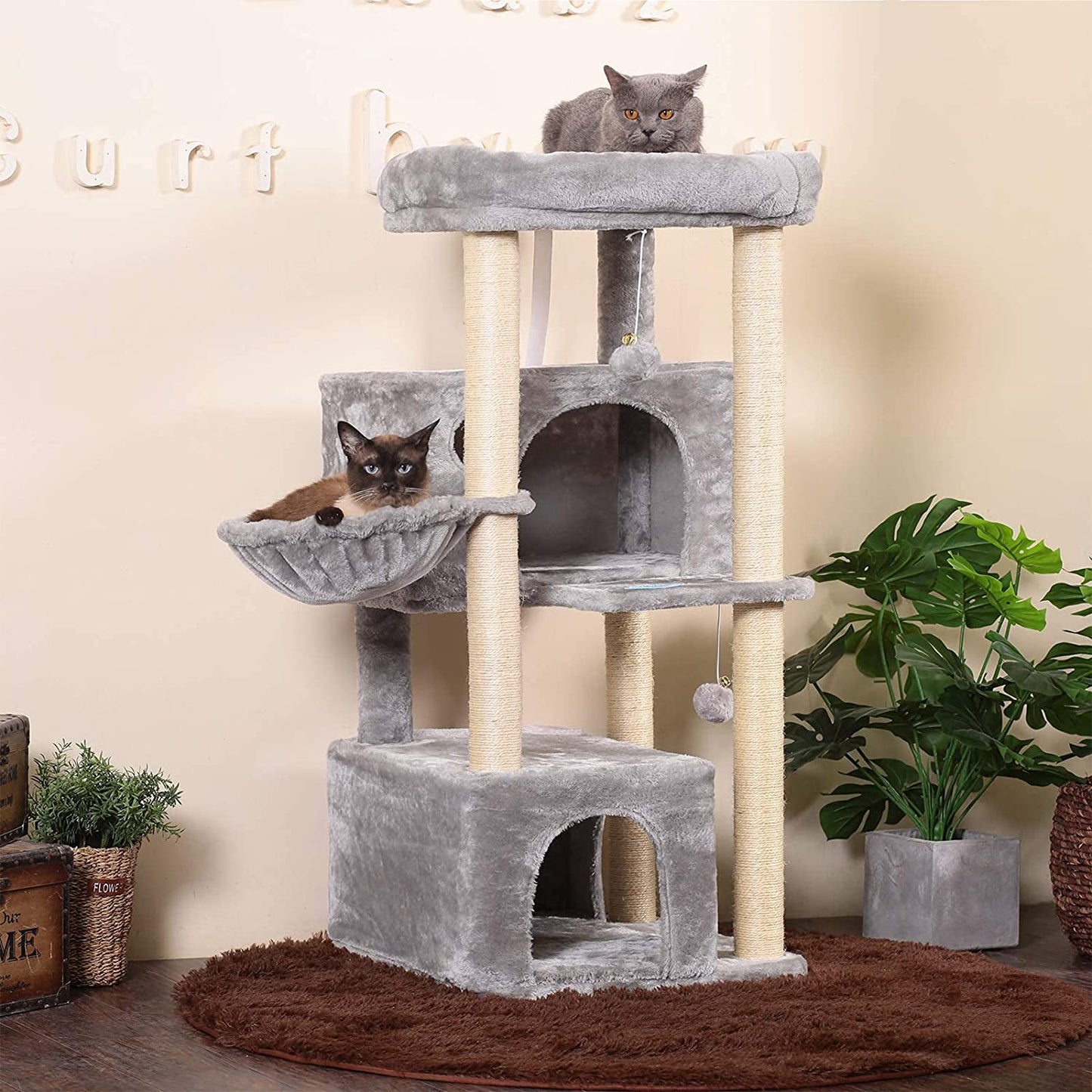 Cat Tree,Multi-Level Cat Condo for Large Cat Tower Furniture with Sisal-Covered Scratching Posts, 2 Plush Condos, Big Plush Perches