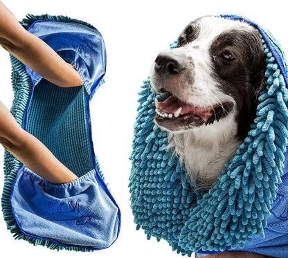 Quick Dry Towel for Dogs | Ultra Absorbent Microfiber Shammy | Extra Large 35X15 Size for All Breeds | Comfortable Hand Pockets | Indoor Outdoor Use | Durable Material | Machine Washable