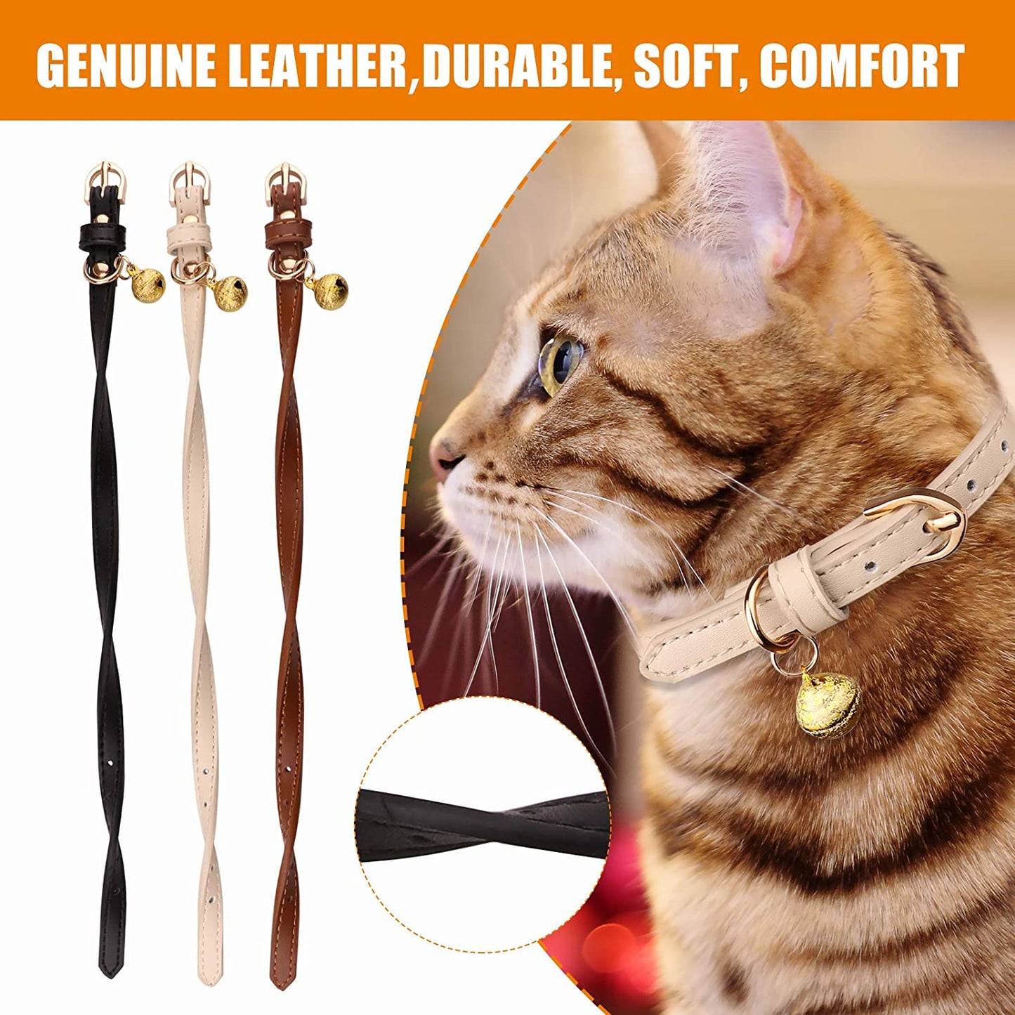 3 Pack Leather Cat Collars with Bells Soft Pet Safety Collar Kitten Collars with Bell Black Chocolate Beige(Xs)