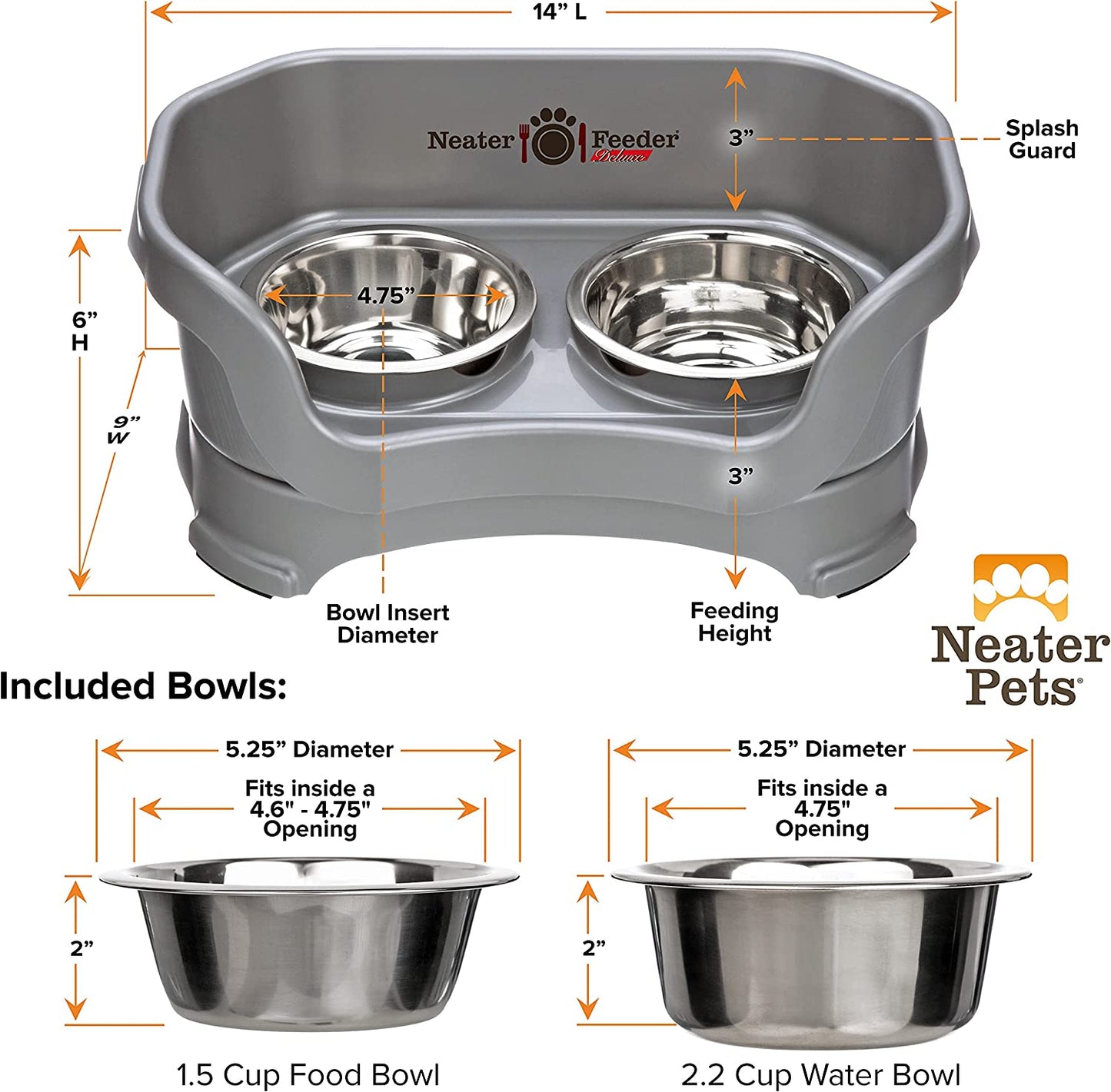 Neater Feeder - Deluxe Model - Mess-Proof Dog Bowls (Small, Gunmetal Grey) - Made in USA - Elevated, No Spill, Non-Tip, Non-Slip, Raised Stainless Steel Food & Water Pet Bowls